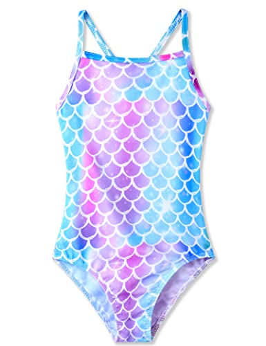 TENVDA Einteiliger Badeanzug für Mädchen, Sport, Neckholder, Bademode, Strand-Badeanzug, Meerjungfrau-Schuppe D, 4-5 Jahre von TENVDA