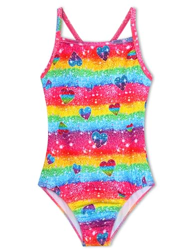 TENVDA Einteiliger Badeanzug für Mädchen, Sport, Neckholder, Bademode, Strand-Badeanzug, Regenbogenherz B, 7-8 Jahre von TENVDA