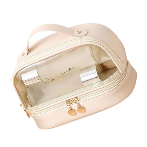 Doppellagige Kosmetiktasche, Reise-Make-up-Tasche für Damen, Kosmetiktasche, tragbarer Kulturbeutel, Reisezubehör, unverzichtbarer Kulturbeutel für Damen, Milchaprikosenweiß, Mass Beauty von TENYELE