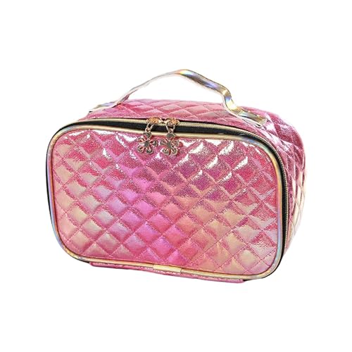 Moderne Make-up-Aufbewahrungslösung aus PU-Leder mit Gittermuster, stilvolle Reise-Kulturbeutel, Kosmetiktasche, Kosmetik-Organizer, rosarot, Mass Beauty von TENYELE