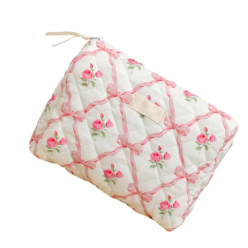 Reise-Make-up-Tasche für Damen und Mädchen, große Kapazität, Schleifen, Kosmetiktasche, Blumen-Kosmetik-Organizer, gesteppter Kulturbeutel, gestepptes Make-up, großes Fassungsvermögen, Kulturbeutel von TENYELE