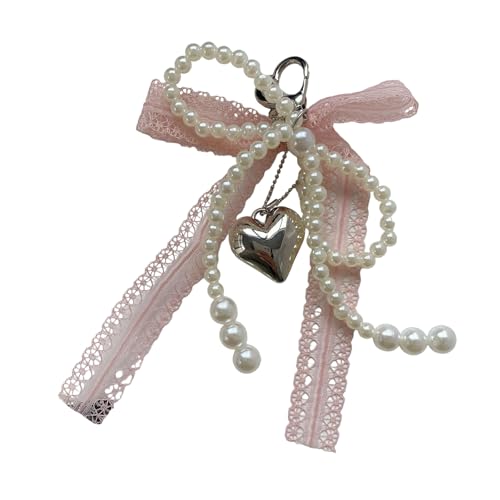 TENYELE Elegante Spitzenbögen Schlüsselböde Mit Kunstperlen Detail Für Frauen Mädchen Modische Tasche Accessoire Geschenklegierung Schlüsselrolle Spitzenanhänger Accessoire von TENYELE