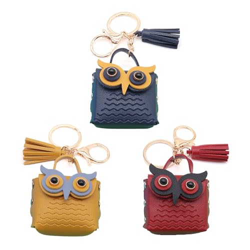 Tier-Schlüsselanhänger Eule Münzbörse Schlüsselanhänger Leder Autoschlüsselhalter mit Münzbörse für Frauen Mädchen Weihnachten, Gelb / Marineblau, 5.5*5.5cm von TENYELE
