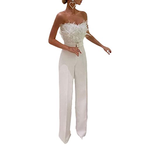 TENZHVXI Off-Shoulder-Jumpsuit mit Federschlauchoberteil für Damen Trägerloser, eleganter Strampler mit weitem Bein und Gürtel Party-Clubkleidung von TENZHVXI