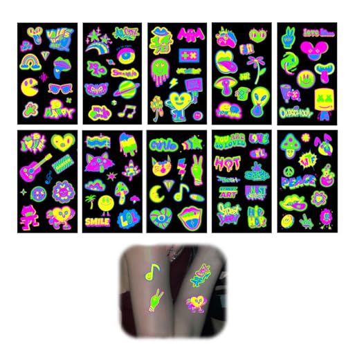 TEOZBLU 10 Blätter Leucht Tattoos Unter Neon UV Schwarzlicht, Temporäre Tattoos, Tattoos Erwachsene Teenager Kinder, Wasserfeste Klebetattoos, Party Gadgets von TEOZBLU