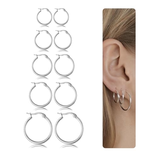 TEOZBLU 5 Paar Creolen Silber Damen Klein Ohrringe Chirurgenstahl Hypoallergen Leicht Ohrringe Set Klein Creolen Ohrringe von TEOZBLU
