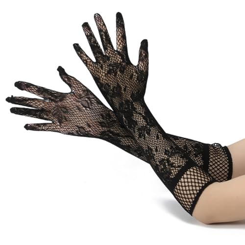 TEOZBLU Damen Lange Spitzen Handschuhe Elegant Schwarz, Braut Abend Handschuhe, Lange Spitzenhandschuhe Vintage Blumenspitzen Handschuhe, für Hochzeit Oper Damen Accessoires von TEOZBLU