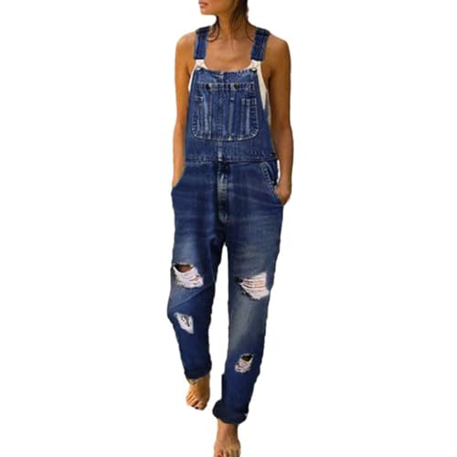 90er Jahre Retro Jeans-Overall für Damen Lässig Baggy-Stretch Denim Lose Latzhose Haremsspielanzug Overall Zerrissene Distressed-Latzhose mit Verstellbaren Trägern(Dark blue,XL) von TERAZUNO