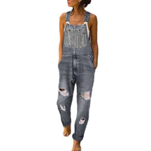 90er Jahre Retro Jeans-Overall für Damen Lässig Baggy-Stretch Denim Lose Latzhose Haremsspielanzug Overall Zerrissene Distressed-Latzhose mit Verstellbaren Trägern(Grey,3XL) von TERAZUNO