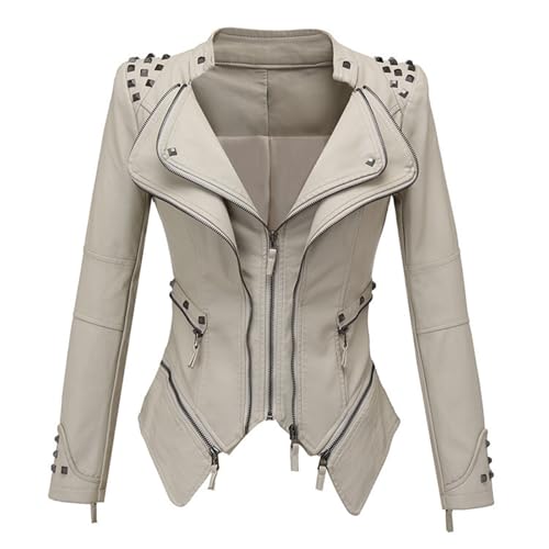 Damen Kunst PU Leder Langarm Reißverschluss Crop Jacke Mantel Y2k Harajuku Freizeit Schlank Einfarbig Revers Klassische Lederjacke Motorrad Mode Leder Bikerjacke(White,M) von TERAZUNO