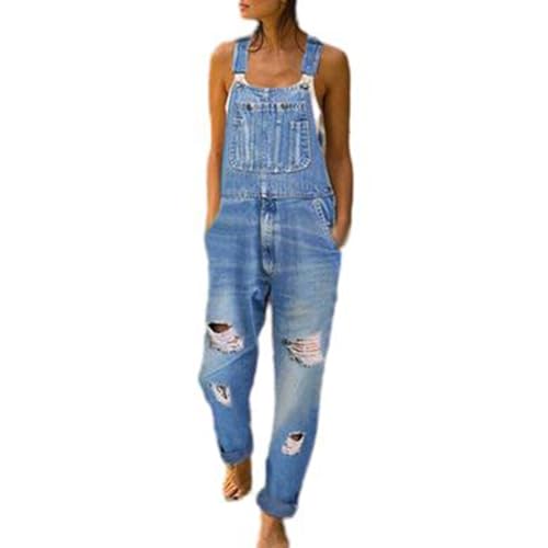 TERAZUNO 90er-Jahre-Retro-Latzhose für Damen Lässig Lockere Latzhose Lange Hose Jeans-Latzhose Overall Gerades Bein Stretch-Strampler Zerrissene Distressed-Latzhose Overall(Blue,4XL) von TERAZUNO