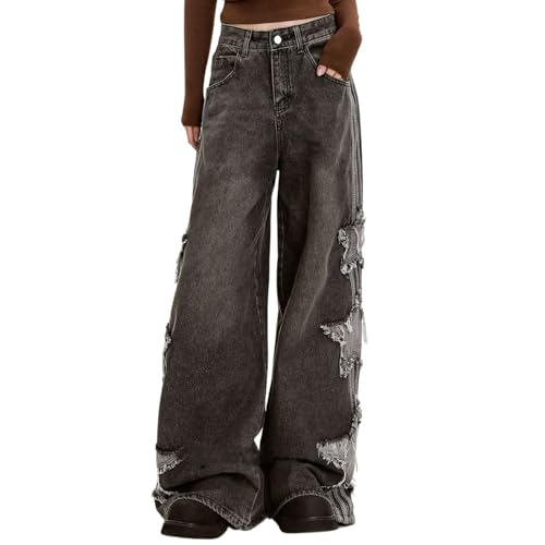 TERAZUNO Baggy Jeans Y2K Damen Boyfriend Jeans Hohe Taille Vintage Patchwork Stern Gedruckt Denim Hosen Streetwear Star Jeans Damen Jeans Y2k Jeans Baggy Jeans Damen Große Taschen(Black,M) von TERAZUNO