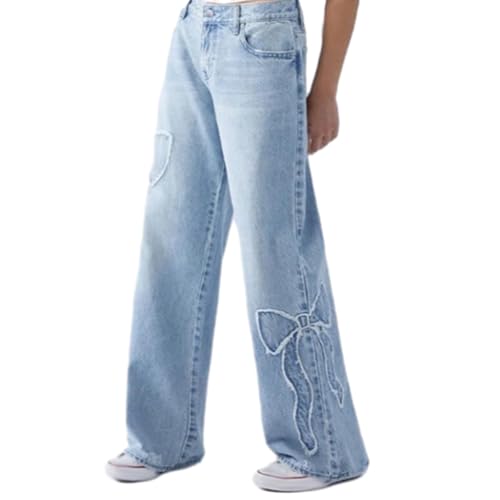 TERAZUNO Baggy-Jeans für Damen mit Hoher Taille Schleifen-Print Reißverschluss Elastische Jeanshose mit Hoher Taille Basic-Jeans mit Weitem Bein Baggy-Jeans Grafische Jeanshose mit Hoher Taille(XXL) von TERAZUNO