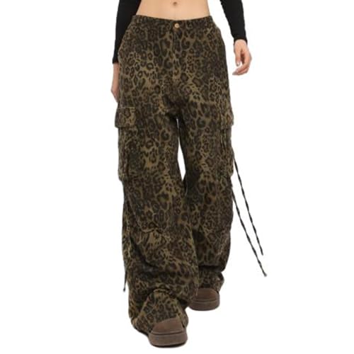 TERAZUNO Cargo Hose Unisex Y2K Leopard Hose Jeans Baggy Hip-Hop Cargo Hose Harajuku Denim Loose Vielseitig Hose Weitem Bein Niedrige Taille Mode Komfortabel Retro Leopard Cargohose(XL) von TERAZUNO
