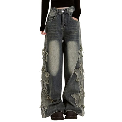 TERAZUNO Damen Baggy Jeans Hip Hop Freizeit Jeans Hose mit Hoher Taille Y2K Stern Aufdruck Relaxed Fit Skateboard Weite Beinhose Harajuku Streetwear Hose Damen Boyfriend Jeans Hohe Taille Vintage(Blue von TERAZUNO