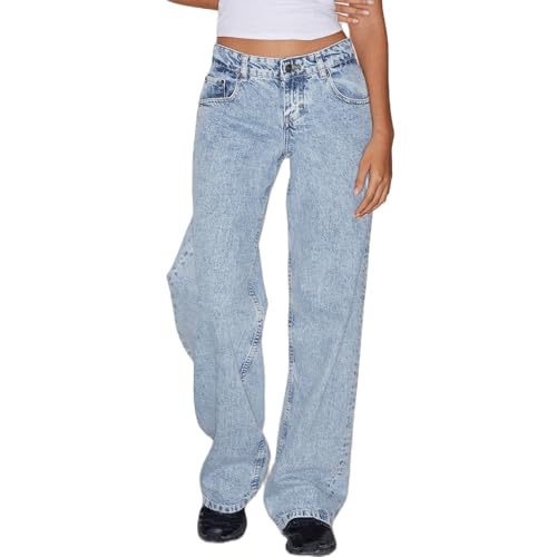 TERAZUNO Damen Baggy Jeanshose Y2k Boyfriend Low Waist Straight Vintage Denim Hose Breites Bein Loose Hosen Hip Hop Locker Streetwear Freizeit Klassiker Gewaschene Jeans(Blue1,M) von TERAZUNO