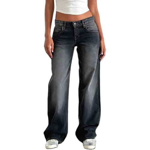 TERAZUNO Damen Baggy Jeanshose Y2k Boyfriend Low Waist Straight Vintage Denim Hose Breites Bein Loose Hosen Hip Hop Locker Streetwear Freizeit Klassiker Gewaschene Jeans(Gray2,M) von TERAZUNO