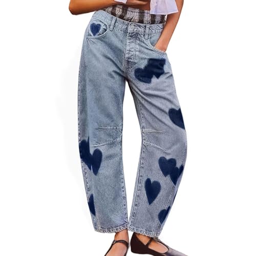 TERAZUNO Damen Boyfriend Jeans Harajuku 7/8 Länge Vielseitig Freizeit Jeans Mittlere Leibhöhe Mode Herz Druck Knöchelhose 90er Jeans Hip Hop Baggy Vintage Jeggings Slim Denim Hose(M) von TERAZUNO