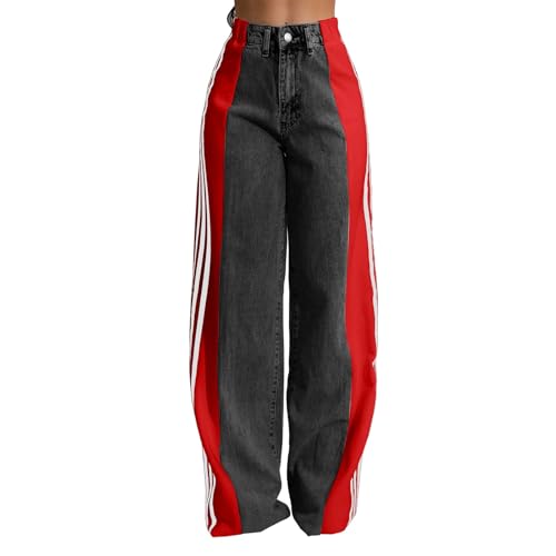 TERAZUNO Damen Cargohose Baggy Hohe Taille Cargo Jeans Gerade Breites Bein Streifen Patchwork Denim Hosen Y2k Loose Fit Retro Hip Hop 90er Streetwear Jeanshose Freizeit Boyfriend(Red,S) von TERAZUNO