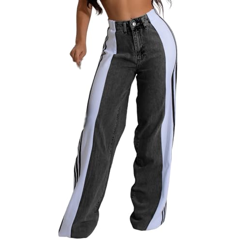 TERAZUNO Damen Cargohose Baggy Hohe Taille Cargo Jeans Gerade Breites Bein Streifen Patchwork Denim Hosen Y2k Loose Fit Retro Hip Hop 90er Streetwear Jeanshose Freizeit Boyfriend(White,S) von TERAZUNO