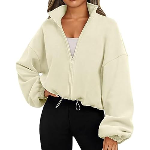 TERAZUNO Damen Casual Langarm Reißverschluss Cropped Jacken Y2k Herbstmode V-Ausschnitt Trendy Klassische Jacke Harajuku Lockere Kordelzug Jacke Bequeme Einfarbige Outfits(Beige,M) von TERAZUNO