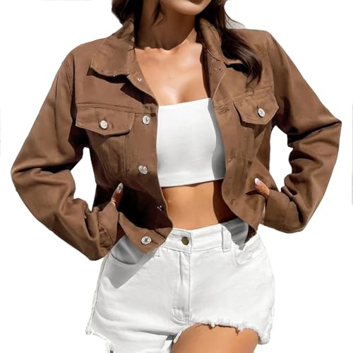 TERAZUNO Damen Einfarbig V-Ausschnitt Jeansjacke Vintage Taschen Y2K Harajuku Langarm Kurze Jeans Jacke mit Knopf Klassisch Frühling Sommer Schlanke Passform Jeansjacke(Brown,M) von TERAZUNO