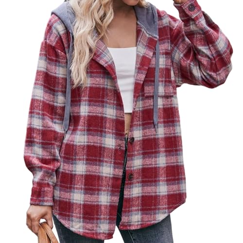 TERAZUNO Damen Flanell Karohemd Langärmlig Lässig Kariertes Hemd Blusen Oberteil mit Tasche Klassisch Kapuze Button Down Langärmlig Lässig Leicht Overshirt Shacket Vintage(Red,M) von TERAZUNO