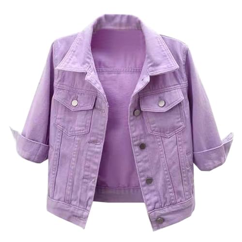 TERAZUNO Damen Jeansjacke Kurzarm Sommer Knöpfen Tasche Denim Crop Jeansjacke 3/4-Ärmel Jeansjacke Retro Klassisch Hinausgehen Kurzärmlige Gewaschener Denim Übergangsjacke(Purple,XL) von TERAZUNO