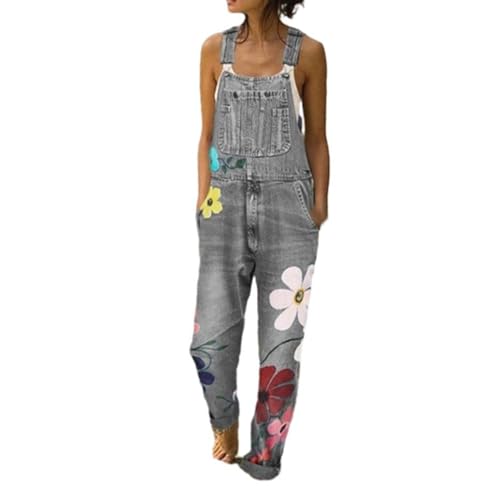 TERAZUNO Damen Legeren Latzhose mit Geradem Bein Retro Lässige Freizeit Frühling Herbst Denim Latzhose mit Taschen Ärmellos Bedruckt Latzhose Denim Weites Bein Baggy Latzhose(Grey,S) von TERAZUNO