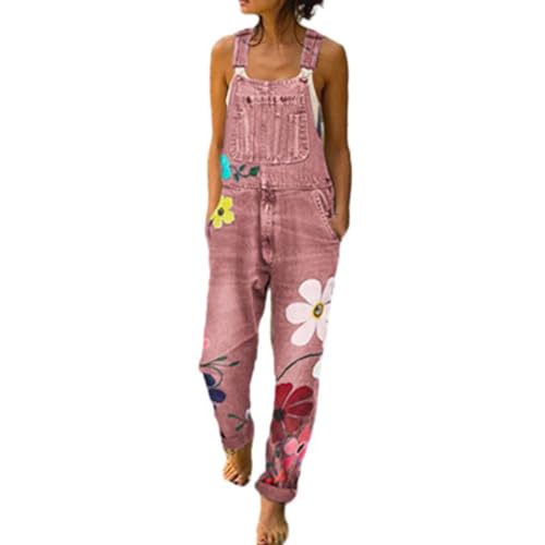 TERAZUNO Damen Legeren Latzhose mit Geradem Bein Retro Lässige Freizeit Frühling Herbst Denim Latzhose mit Taschen Ärmellos Bedruckt Latzhose Denim Weites Bein Baggy Latzhose(Pink,M) von TERAZUNO