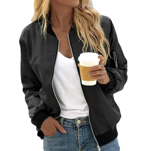 TERAZUNO Damen Retro Bomberjacke 90er Mode Sommer Blouson Reißverschluss Herbst Frühling Lange Ärmel Jacke Sommerjacke Kurz Outwear Tasche Jacke Leichte Komfortabel Jacke(Black,L) von TERAZUNO