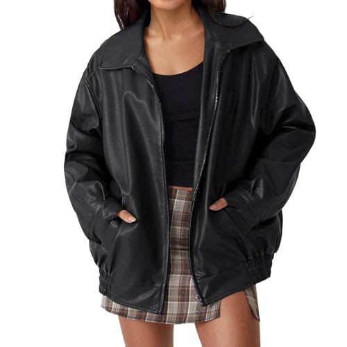 TERAZUNO Damen Vintage Y2K Lederjacke Kunstleder Oversized Passform Lange Ärmel Modische Kunstleder Motorrad Bikerjacke Herbst Winter Lockere Trendiger Bombermantel Streetwear(Black,M) von TERAZUNO