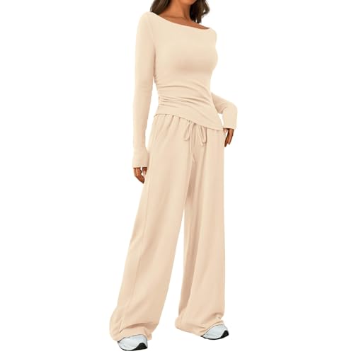 TERAZUNO Damen Zweiteiler Weitem Bein Hohe Taille Hose Y2k Komfortabel 2-Teiliges Langärmliges Oberteil Hinausgehen Loungewear Set Jogging Lässiger Anzug Trainingsanzüge Set(Beige,XS) von TERAZUNO