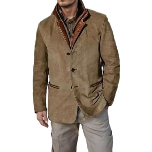TERAZUNO Herren Casual Westernjacken Vintage Kunstlederjacke Button-Down Wintermantel Lässige Retro Oberbekleidung für Männer Blazer Lederanzugjacke Distressed Notch Revers Knöpfe Sportmantel(Khaki,XX von TERAZUNO