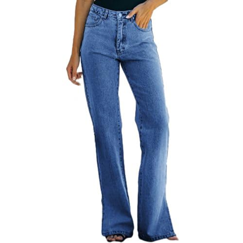 TERAZUNO Hose mit Schlitz Damen Retro Klassisch Hose Schlanke Passform Einfarbig Geradem Bein Hose Mittlere Taille Hose Schlagjeans Weites Bein Lose Jeans Flared Freizeithose(Blue2,L) von TERAZUNO