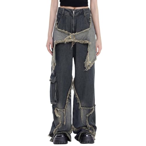 TERAZUNO Jeans Damen Baggy Y2k Boyfriend Jeanshose Sternmuster Patchwork Hip Hop Weitem Bein Retro Denim Hose Breites Bein Loose Hosen Locker Streetwear Bootcut Freizeithose(L) von TERAZUNO