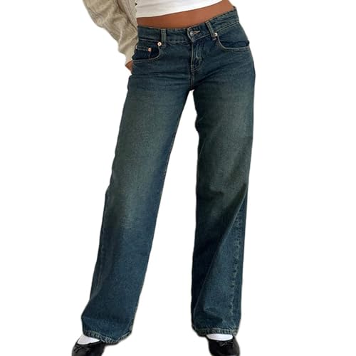 TERAZUNO Niedrige Taille Jeans Bootcut für Damen Jeans mit Glocke Dunkelblaue Jeans Hose mit Taschen Baggy Trend 90er Lose Jeans Klassiker Vintage Harajuku Gewaschene Jeans(Blue3,S) von TERAZUNO