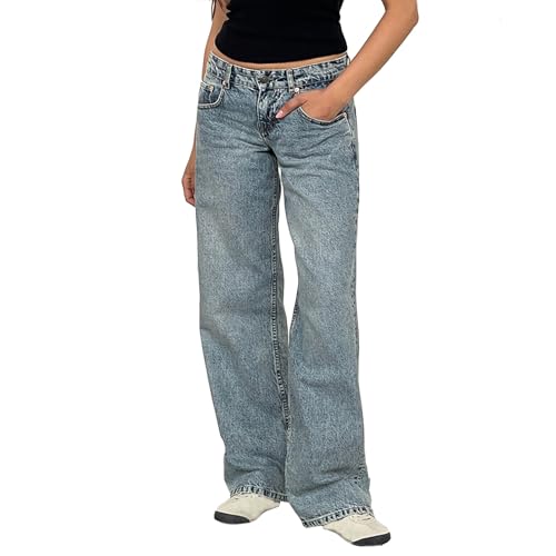 TERAZUNO Niedrige Taille Jeans Bootcut für Damen Jeans mit Glocke Dunkelblaue Jeans Hose mit Taschen Baggy Trend 90er Lose Jeans Klassiker Vintage Harajuku Gewaschene Jeans(Blue4,S) von TERAZUNO