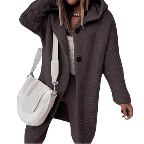 TERAZUNO Strickjacke Damen Lang mit Kapuze Pullover Strickjacken für Damen Longstrickjacke Dicke Grobstrickjacke Langarm Warme Strickjacke Damen mit Knöpfen Damenstrickjacke Cardigan winter(Brown,XL) von TERAZUNO