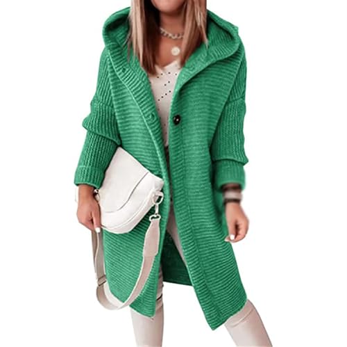 TERAZUNO Strickjacke Damen Lang mit Kapuze Pullover Strickjacken für Damen Longstrickjacke Dicke Grobstrickjacke Langarm Warme Strickjacke Damen mit Knöpfen Damenstrickjacke Cardigan winter(Green,S) von TERAZUNO