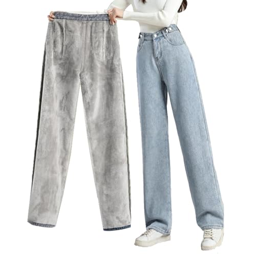 TERAZUNO Thermojeans Damen Fleece Gefütterte Jeans Winter Warme Denim Baggy Jeans Hohe Taille Klassisch Winterhose Plüsch Gefütterte Winterjeans Jeans Winter Breite Beine Jeans(Blue1,XS) von TERAZUNO