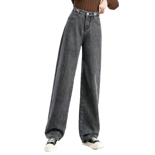 TERAZUNO Thermojeans Damen Fleece Gefütterte Winter Warme Denim Baggy Hohe Taille Klassisch Winterhose Plüsch Gefütterte Breite Beine Jeans (Grey, M) von TERAZUNO