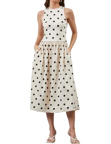 TERIVEEK Ärmelloses Damen-Sommerkleid, lässig, hoher Ausschnitt, Patchwork, Tankkleid, Boho, fließendes A-Linien-Kleid mit Taschen, Weiß mit schwarzen Punkten, Klein von TERIVEEK