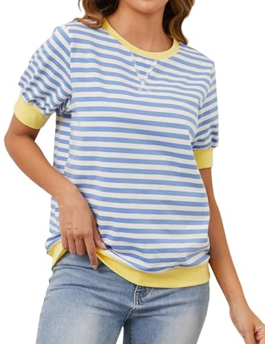 TERIVEEK Damen-T-Shirt, übergroß, gestreift, Farbblock, kurzärmelig, lässig, locker, Rundhalsausschnitt, Pullover 2024, Y2K Shirt Top, blau / weiß, Klein TERIVEEK Damen-T-Shirt, übergroß, gestreift, Farbblock, kurzärmelig, lässig, locker, Rundhalsausschnitt, Pullover 2024, Y2K Shirt Top, blau / weiß, Klein von TERIVEEK