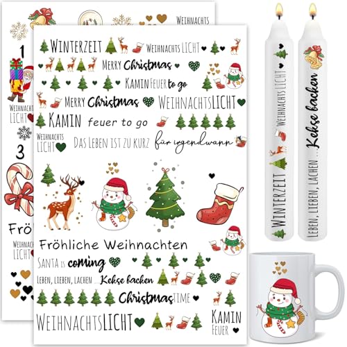 Kerzentattoos Weihnachten, Rub on Sticker Christmas, Kerzen Tattoo Folie Farbe DIY Kerzensticker für Adventskerzen und Keramik A4 Bogen DIY Stickerbogen von TERJBG