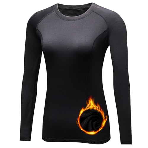 TERODACO Thermounterwäsche Damen Extra Warm Daumenlöcher Thermo Skiunterwäsche Damen Oberteile Innenfleece Weich Frauen Ski Unterwäsche Gym Sport Wandern Funktionsunterwäsche 5021 Schwarz M von TERODACO