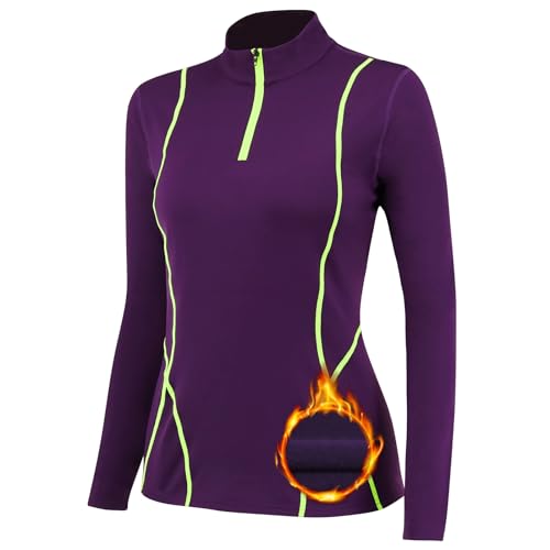 TERODACO Thermounterwäsche Damen Extra Warm Half Zip Thermo Skiunterwäsche Damen Oberteile Innenfleece Schnelltrocknend Funktionsunterwäsche Frauen Gym Sport Ski Unterwäsche 02513 Lila L von TERODACO