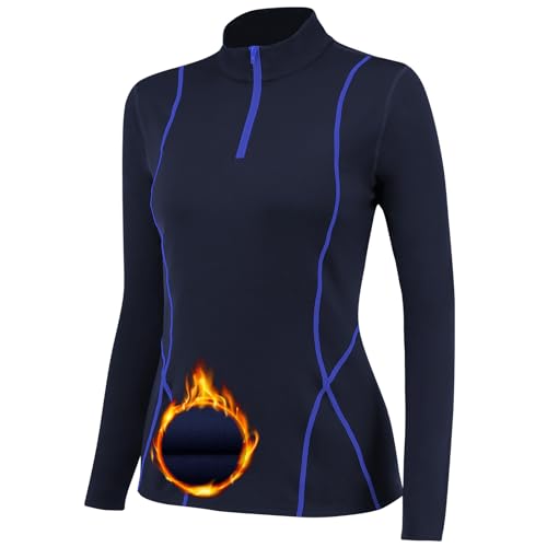 TERODACO Thermounterwäsche Damen Extra Warm Half Zip Thermo Skiunterwäsche Damen Oberteile Innenfleece Schnelltrocknend Funktionsunterwäsche Frauen Gym Sport Ski Unterwäsche 02513 Marineblau L von TERODACO