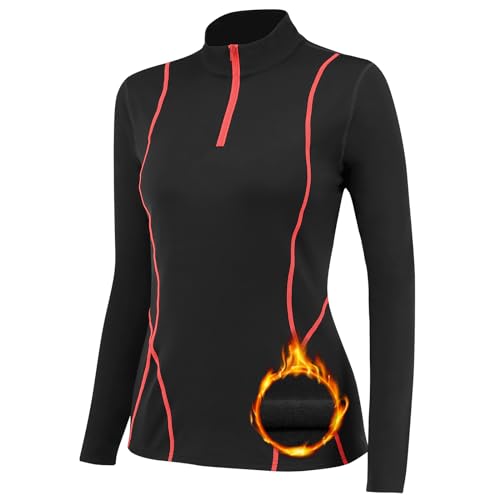 TERODACO Thermounterwäsche Damen Extra Warm Half Zip Thermo Skiunterwäsche Damen Oberteile Innenfleece Schnelltrocknend Funktionsunterwäsche Frauen Gym Sport Ski Unterwäsche 02513 Schwarz Rot XS von TERODACO