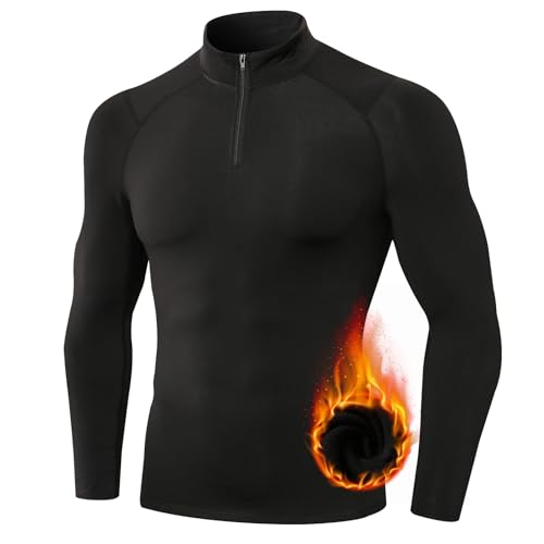TERODACO Thermounterwäsche Herren Oberteil 1/4 Zip Atmungsaktiv Skiunterwäsche Herren Langarm Weich Innenfleece Funktionsunterwäsche Männer Sport Gym Fitness Thermo Unterwäsche 11517 Schwarz L von TERODACO